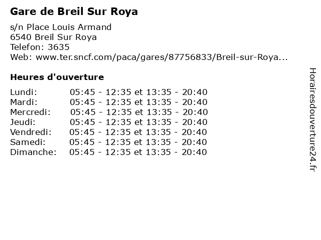 Horaires d ouverture Gare de Breil Sur Roya s n Place Louis